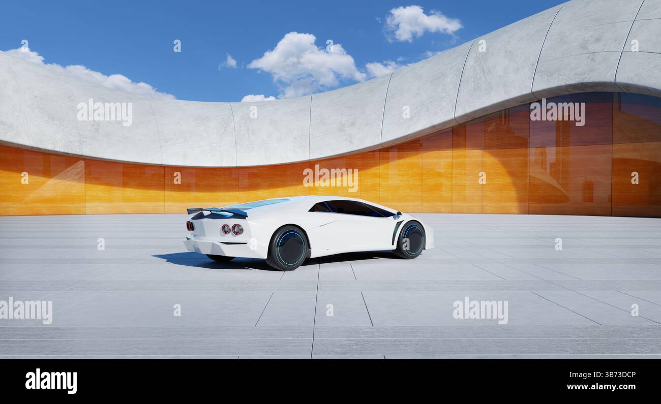 Futuristic white sports car parked outside a modern building with orange glass windows, showcasing innovative automotive design. 3D rendering Stock Photo