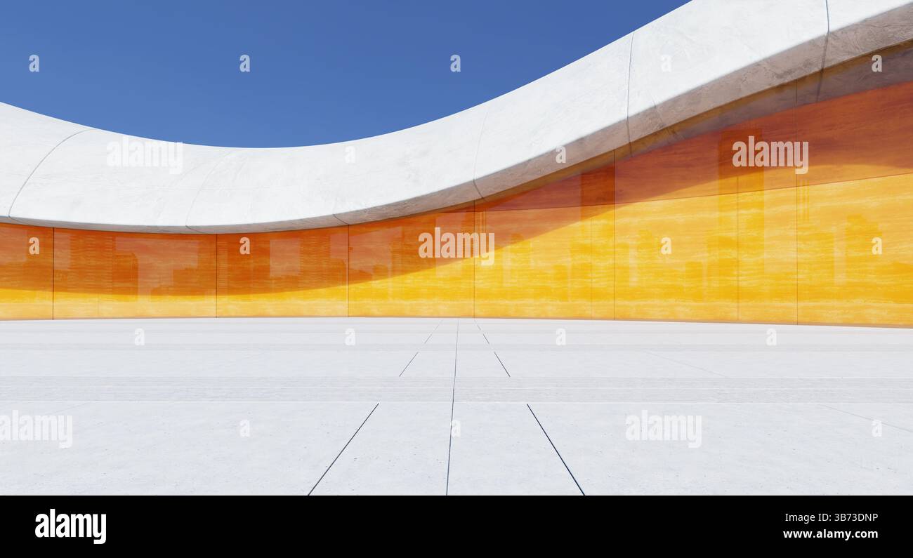 Empty concrete floor and curved concrete and orange glass wall under blue sky. 3D rendering Stock Photo