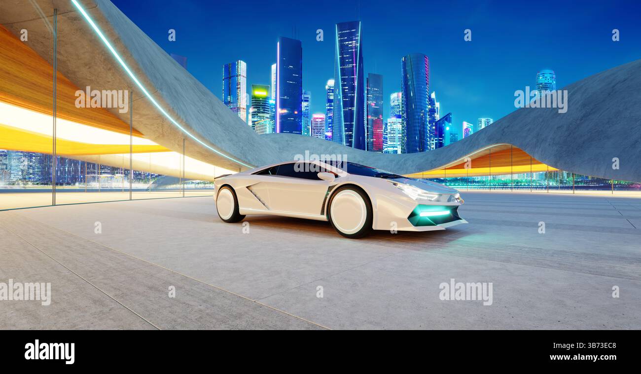 White electric sports car parked in a futuristic parking lot in a modern city at night, showcasing innovative automotive design and urban architecture Stock Photo