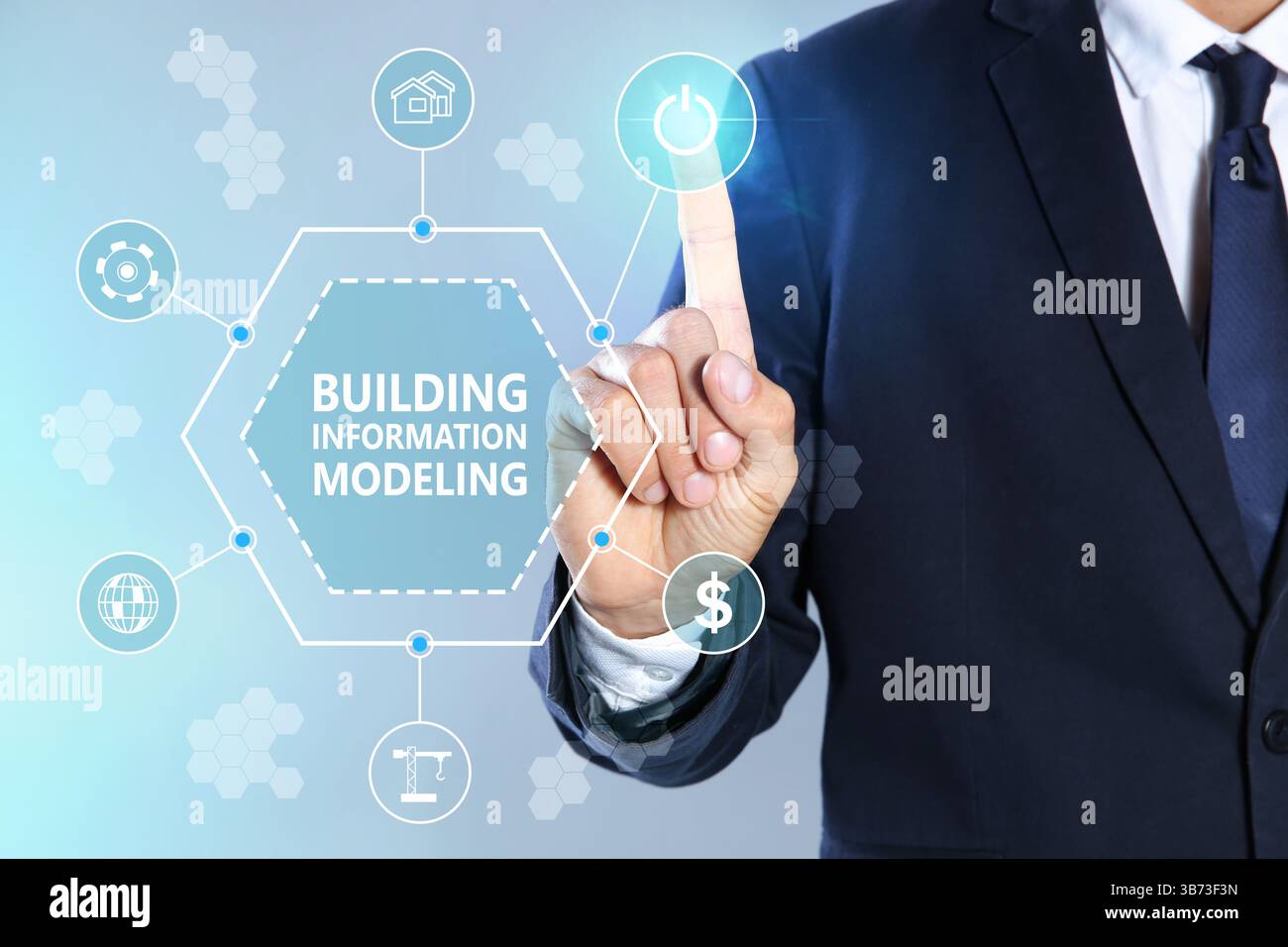 Building information modeling. Man using virtual screen with different icons, closeup Stock Photo