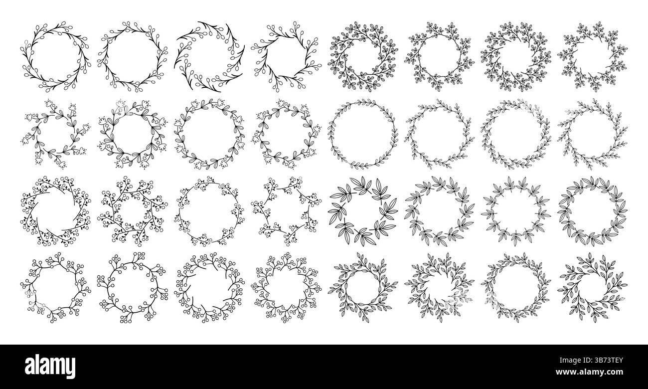 Art Line Flower Raund Line art flower circle frame set. Hand drawn black round line border ...