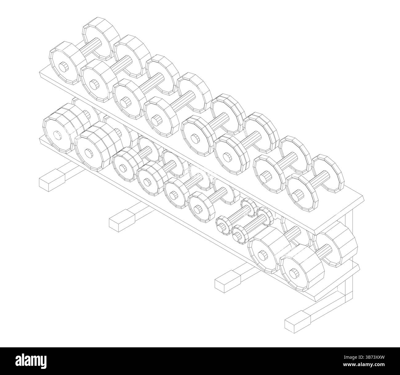 Dumbbell Rack Line Drawing A detailed vector wireframe illustration of a set of dumbbells arranged ...