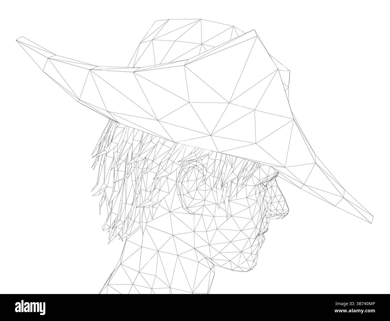 A man wearing a hat is drawn in a black and white style. The hat is ...