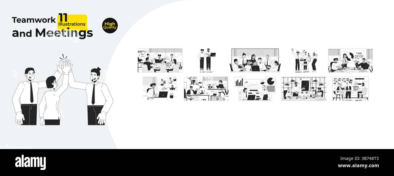 Business teamwork and meetings outline illustrations mega bundle Stock Vector
