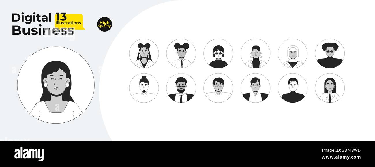 Diverse professionals avatars outline illustrations mega bundle Stock Vector