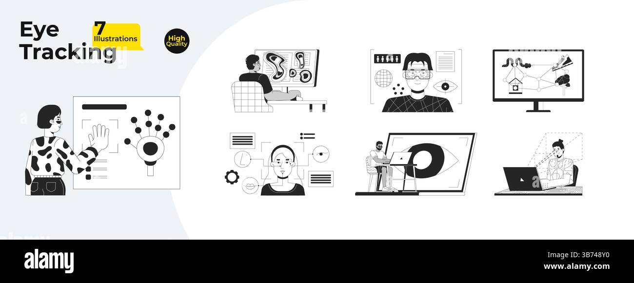 Eye tracking and UX testing technology outline illustrations mega bundle Stock Vector