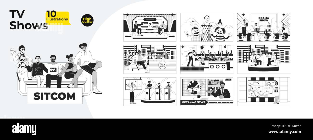 TV shows broadcast entertainment outline illustrations mega bundle Stock Vector