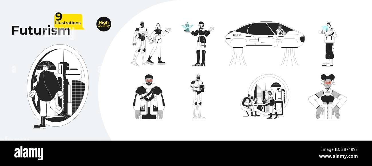 Futuristic lifestyle and technology outline illustrations mega bundle Stock Vector