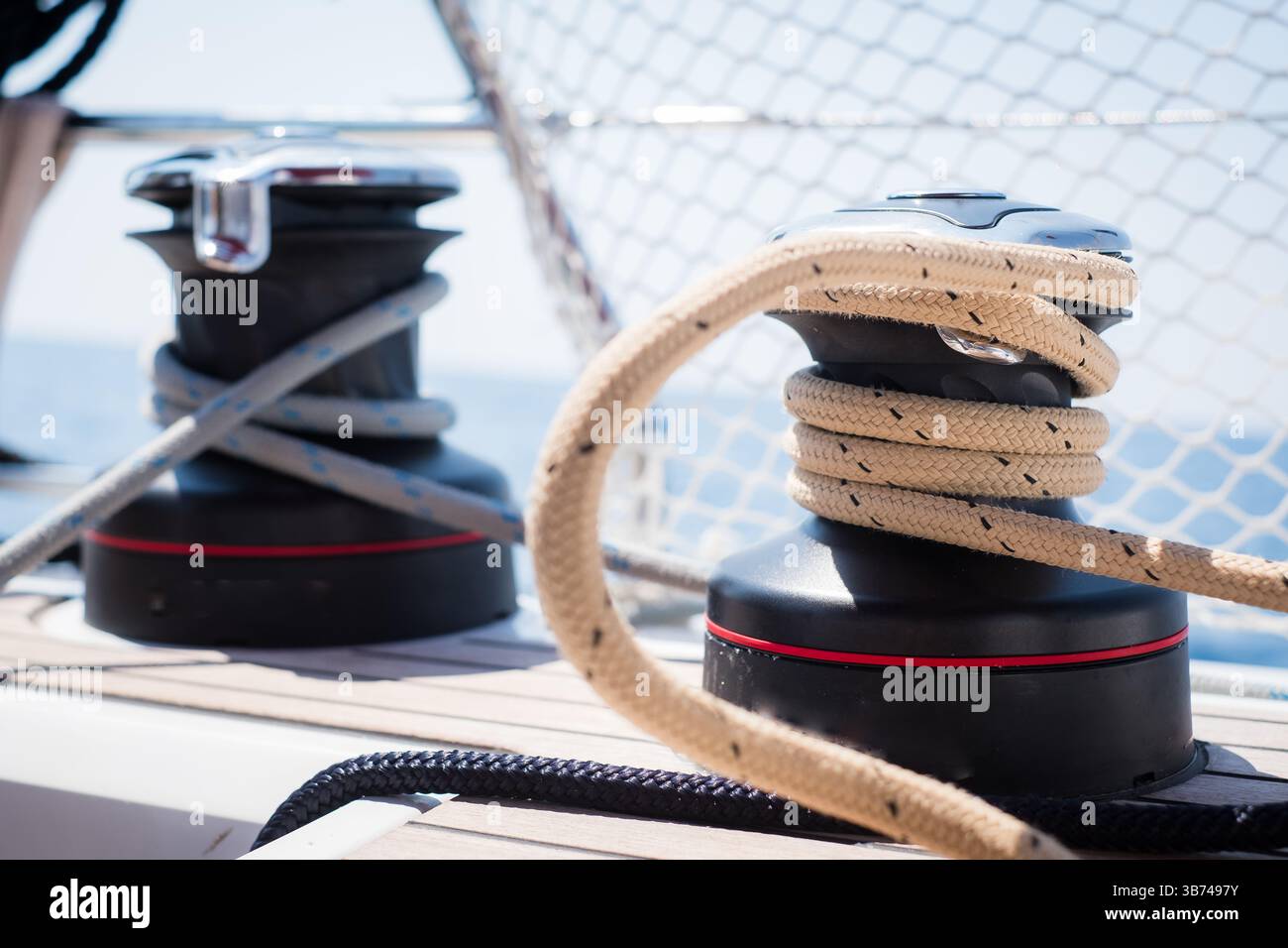 Yacht Rope Rack Sailing yacht ropes and winch. Sailboat equipment details. Water ...