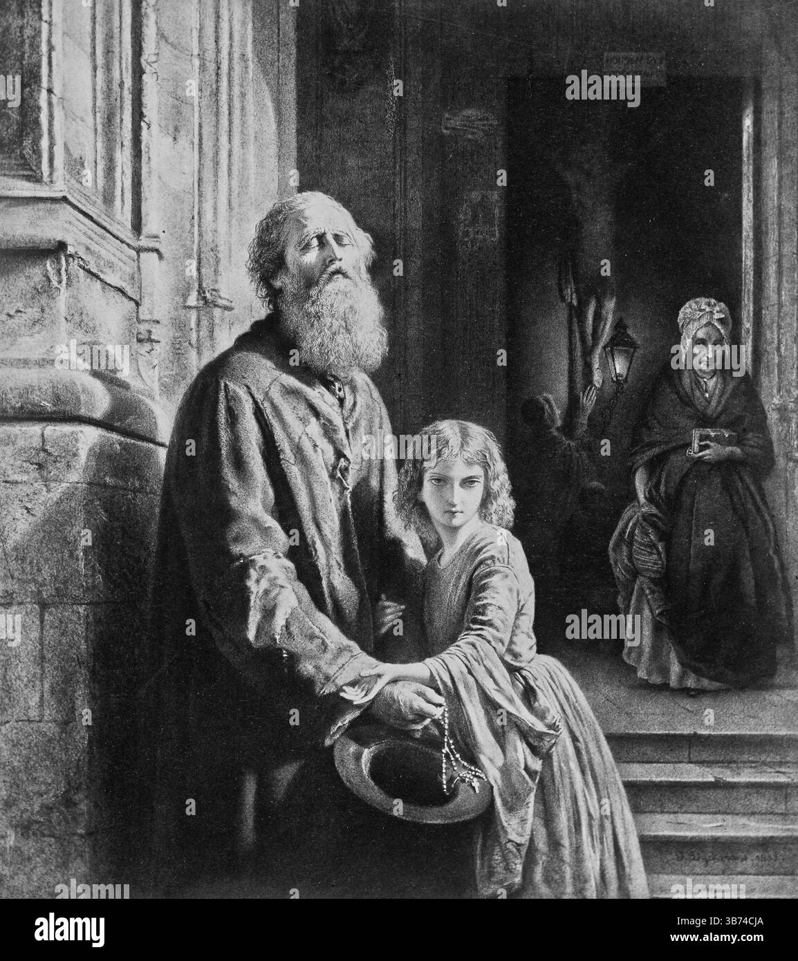 The Blind Beggar.; Attributed to Dolamore & Bullock (British, active 1855 - 1869); about 1862; Photographic reproduction of a painting representing an old blind beggar with a girl in front of the entrance of a church. Stock Photo