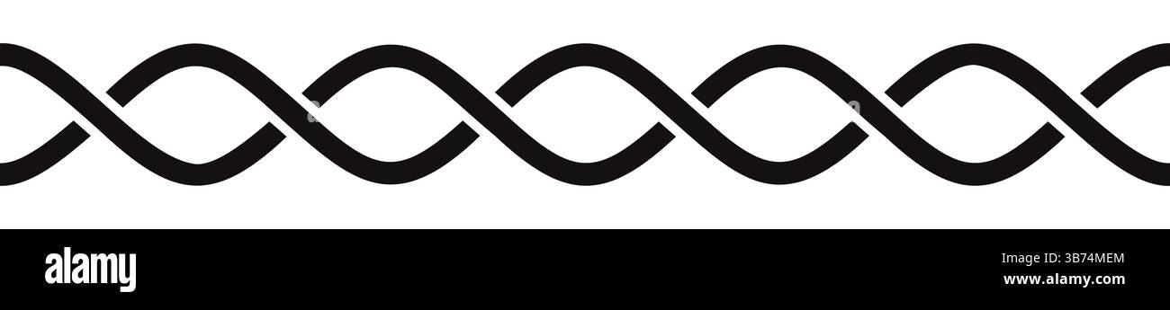 Interwined black lines braid border on white background. Straight interlaced rope. Stock Vector