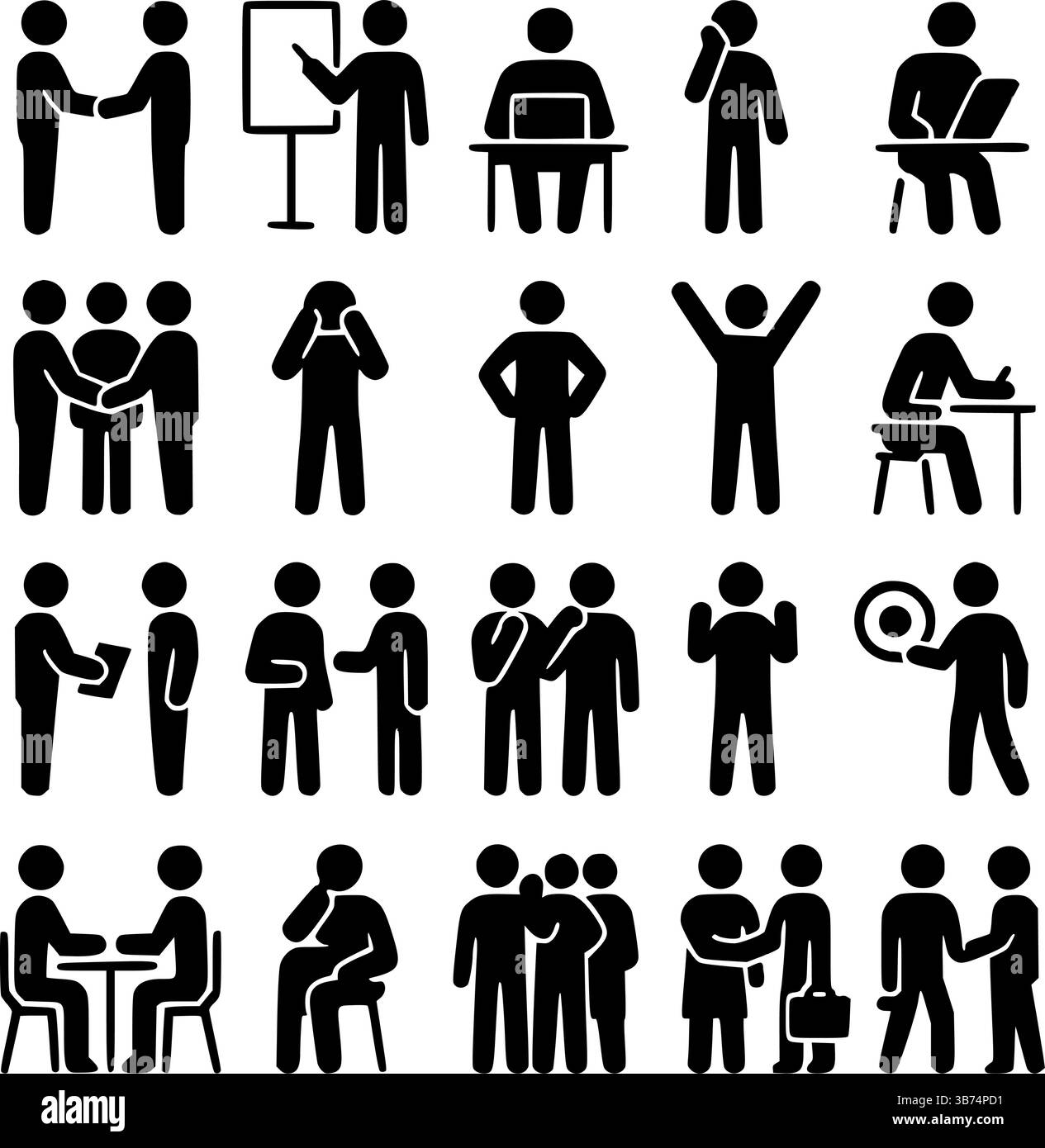 Business and Office Stick Figure Icon Set – Communication, Meeting, and ...