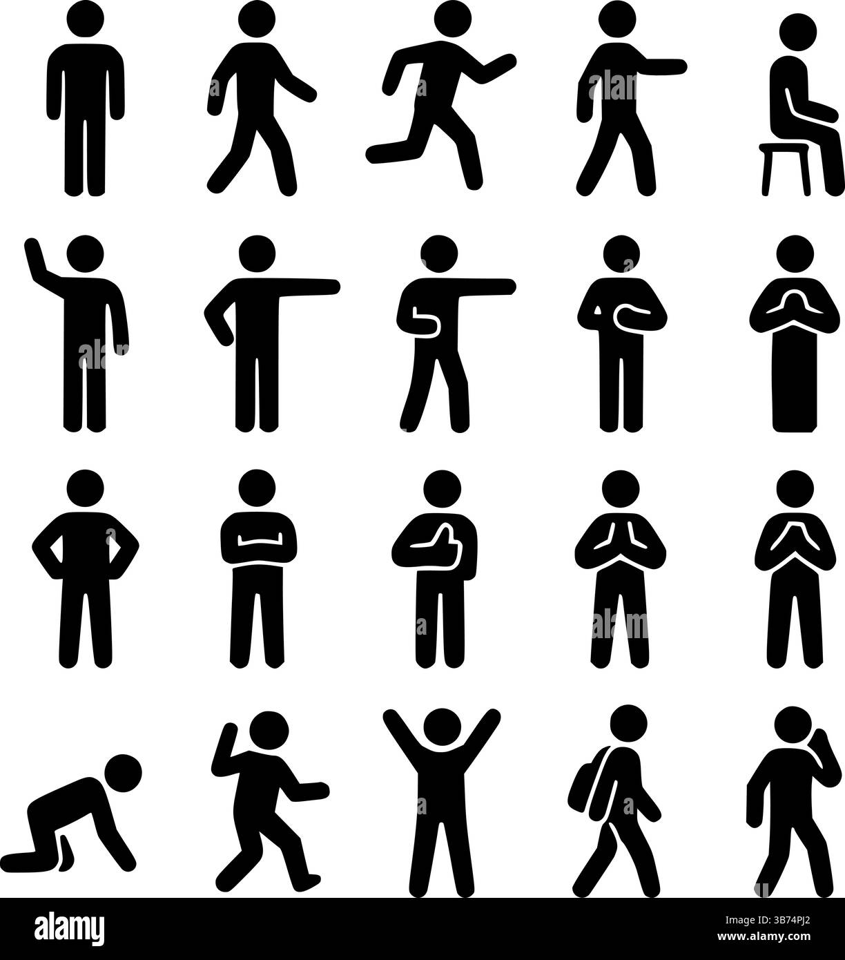 Human Action Stick Figure Icons – Gesture, Walking, Sitting, and Movement Poses Vector Set Stock Vector