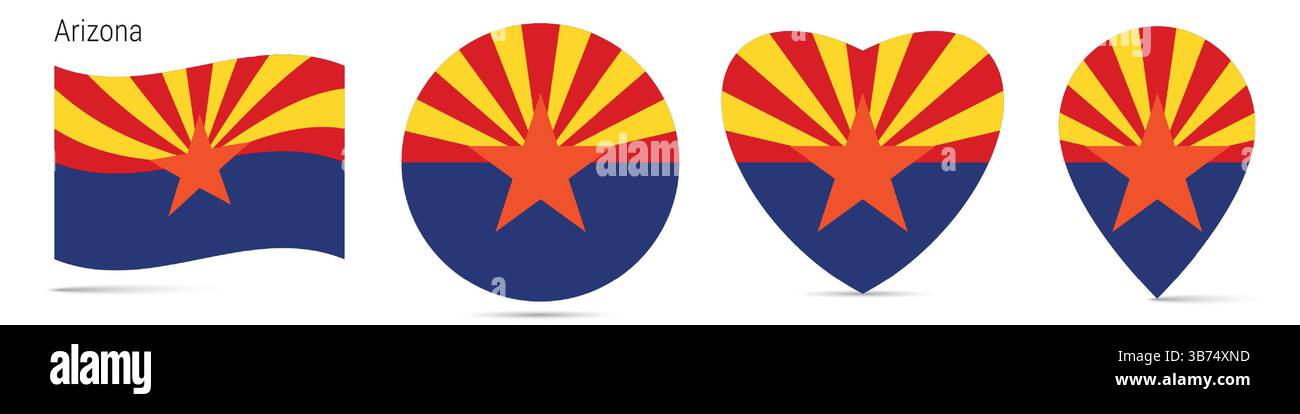 Arizona US state waving flag, round circle sticker badge, heart shaped ...