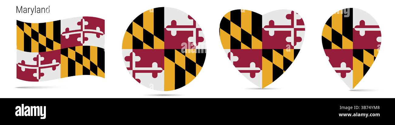 Maryland US state waving flag, round circle sticker badge, heart shaped ...