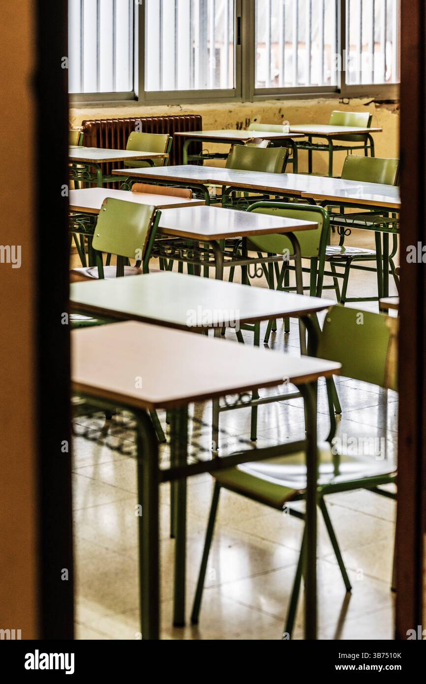 Tables in an old classroom, IES Llucmajor secondary school, Llucmajor ...