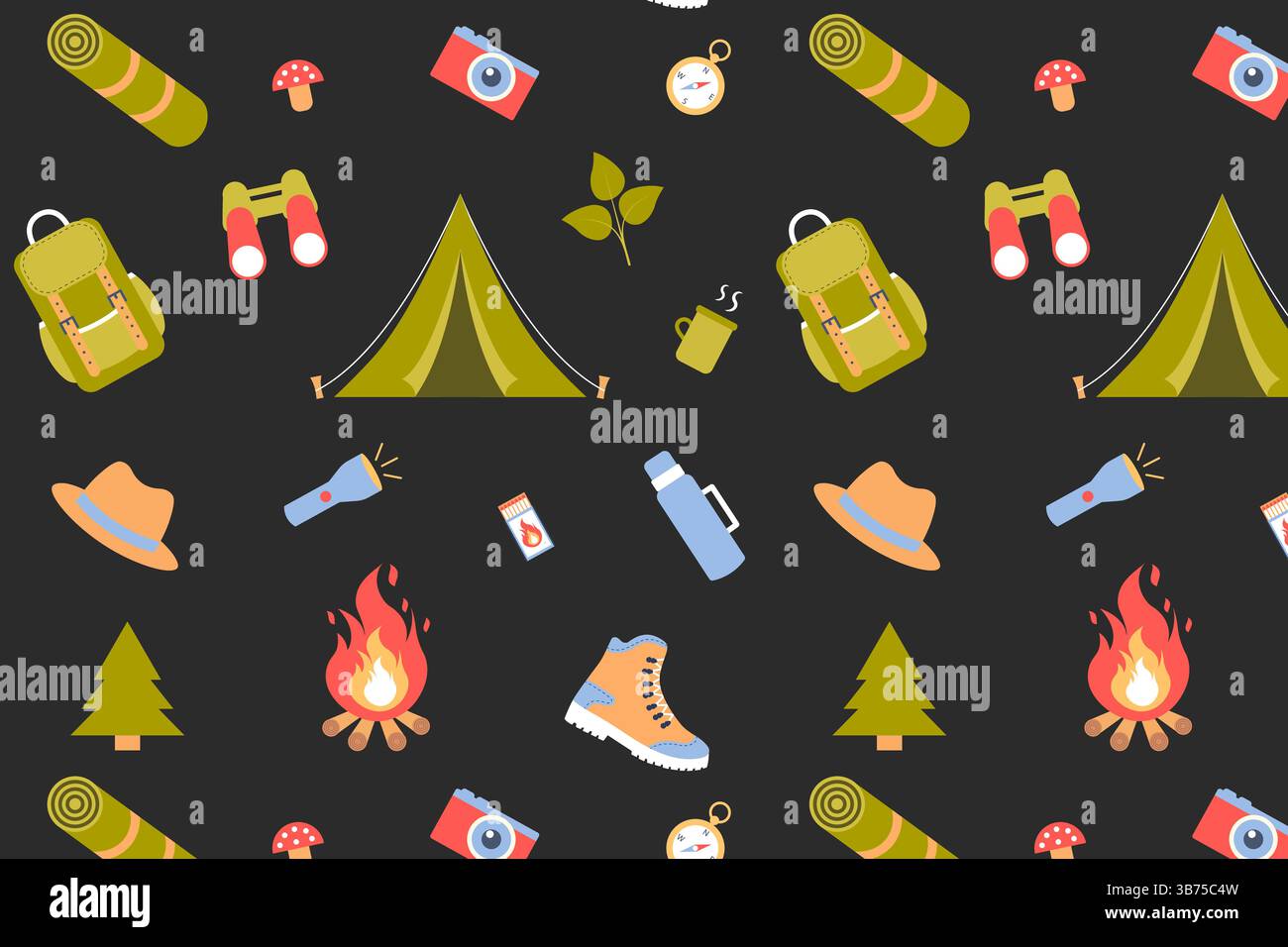 Seamless vector repeating pattern of camping, tourism elements on dark background. Stock Vector