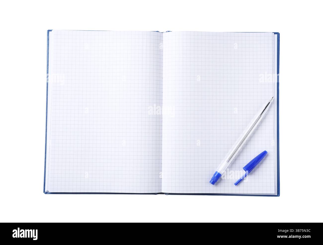 Pen and open notebook isolated on white, top view Stock Photo