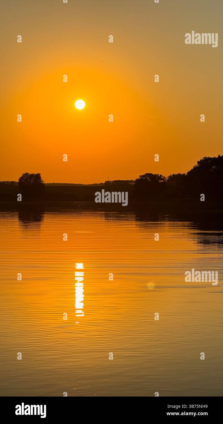 Golden sunset reflecting on tranquil lake with silhouetted trees creating a serene and peaceful natural landscape. Stock Photo