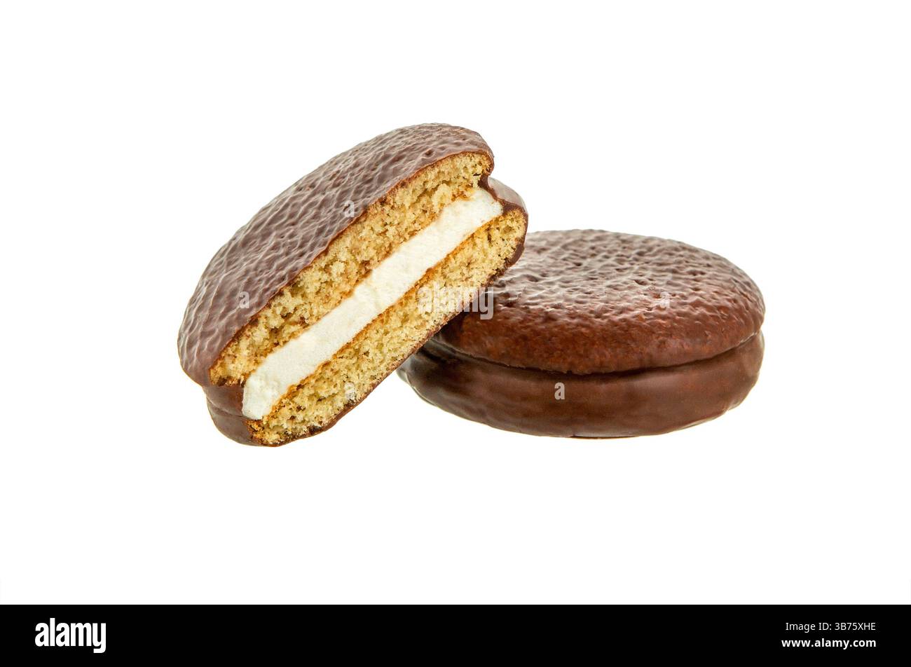 Choco pie chocolate biscuits with marshmallow isolated on white Stock Photo