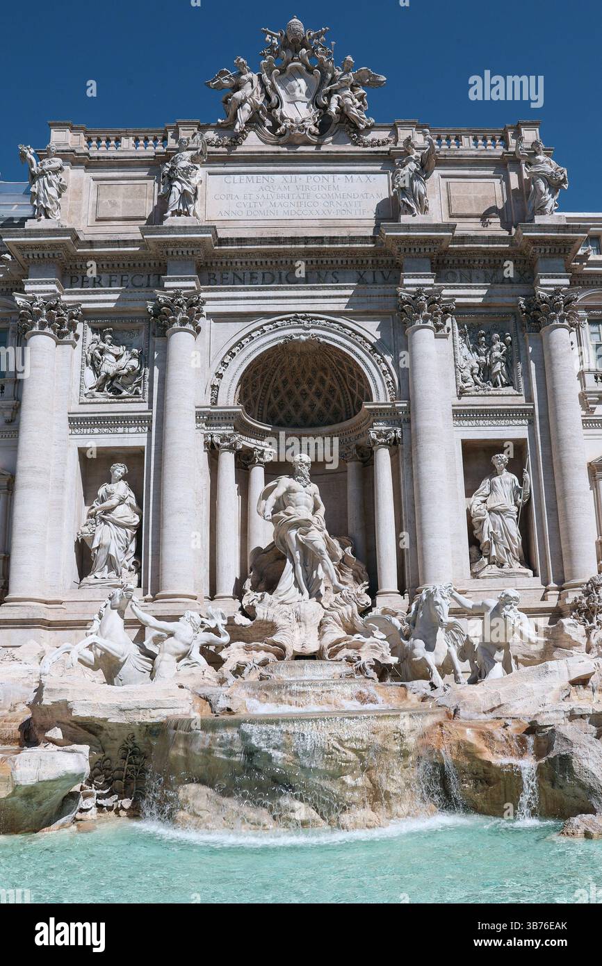 Rome, Italy. 01st May, 2025. The Trevi Fountain, the largest fountain in Rome, was built between 1732 and 1762 and designed at the request of Pope Clement XII to celebrate the Aqua Virgo aqueduct built in 19 BC, on May 1, 2025 in Rome, Italy. Photo by Christophe Michel/ABACAPRESS.COM Credit: Abaca Press/Alamy Live News Stock Photo