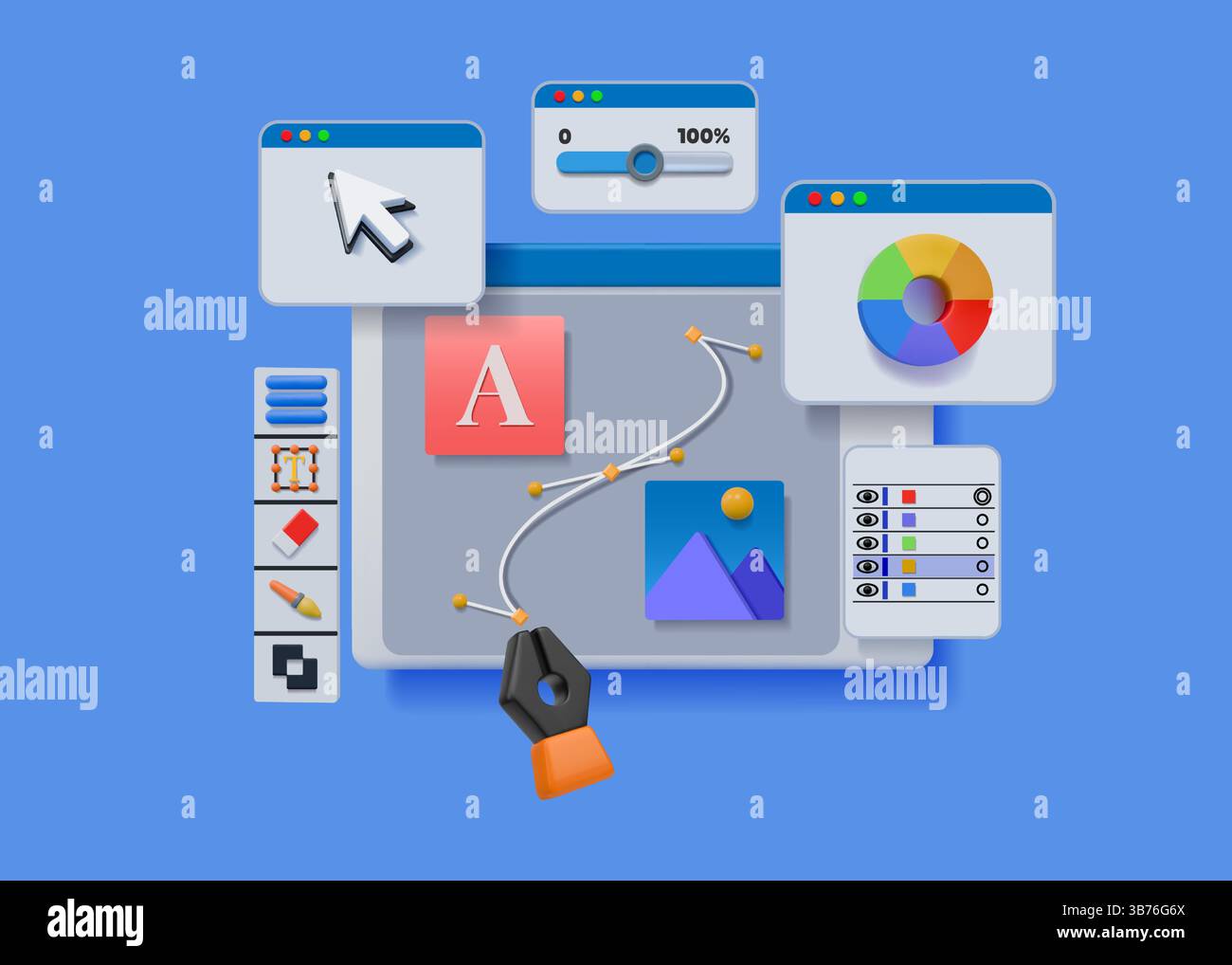 3D design icons. Website graphic render. Illustrator create UX UI web desk. Paint software customization. Laptop editing screen. Computer browser interface. Webpage digital designer. Vector background Stock Vector