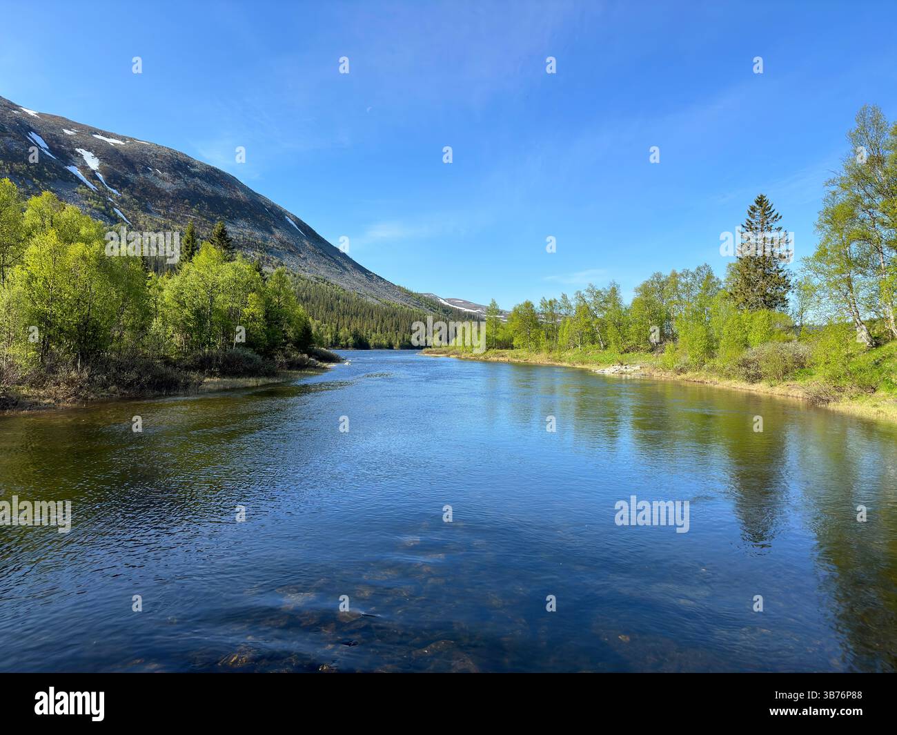 River winds through a lush valley, under a bright blue, cloudless sky, on a sunny day in north Sweden. - Smartphone Captured Stock Image