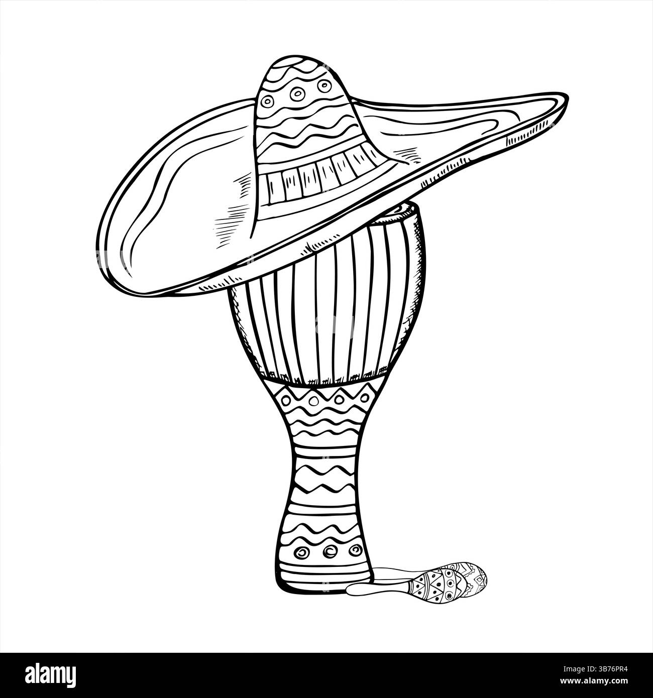 Mexican sombrero on djembe drum and maracas monochrome vector illustration painted by black inks. Afro Latin musical composition for Dia de los Muerto Stock Vector