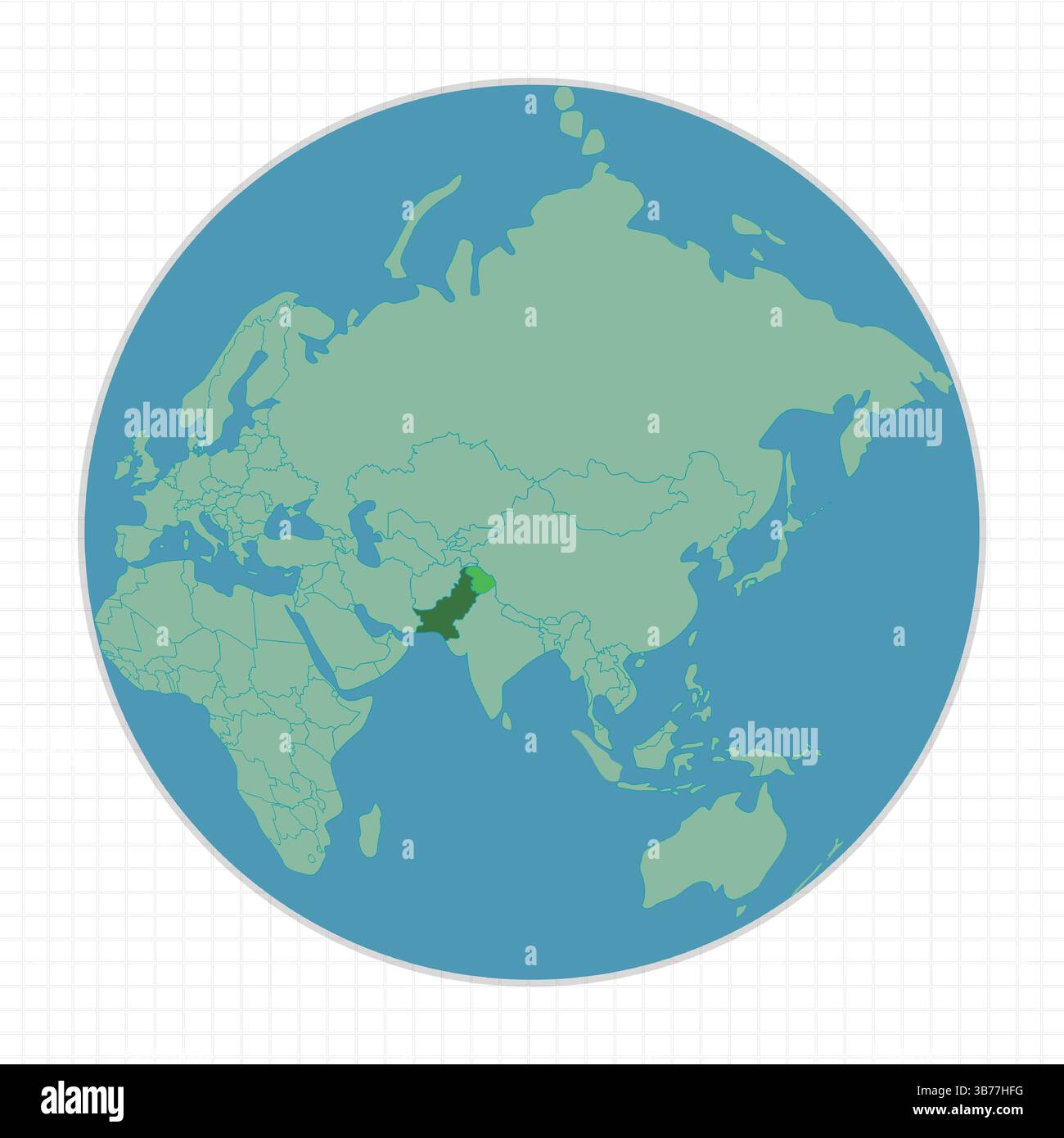 Earth Globe view of the World map in light green. Pakistan is pointed out on the map in dark green. and watercolor in blue. Stock Vector