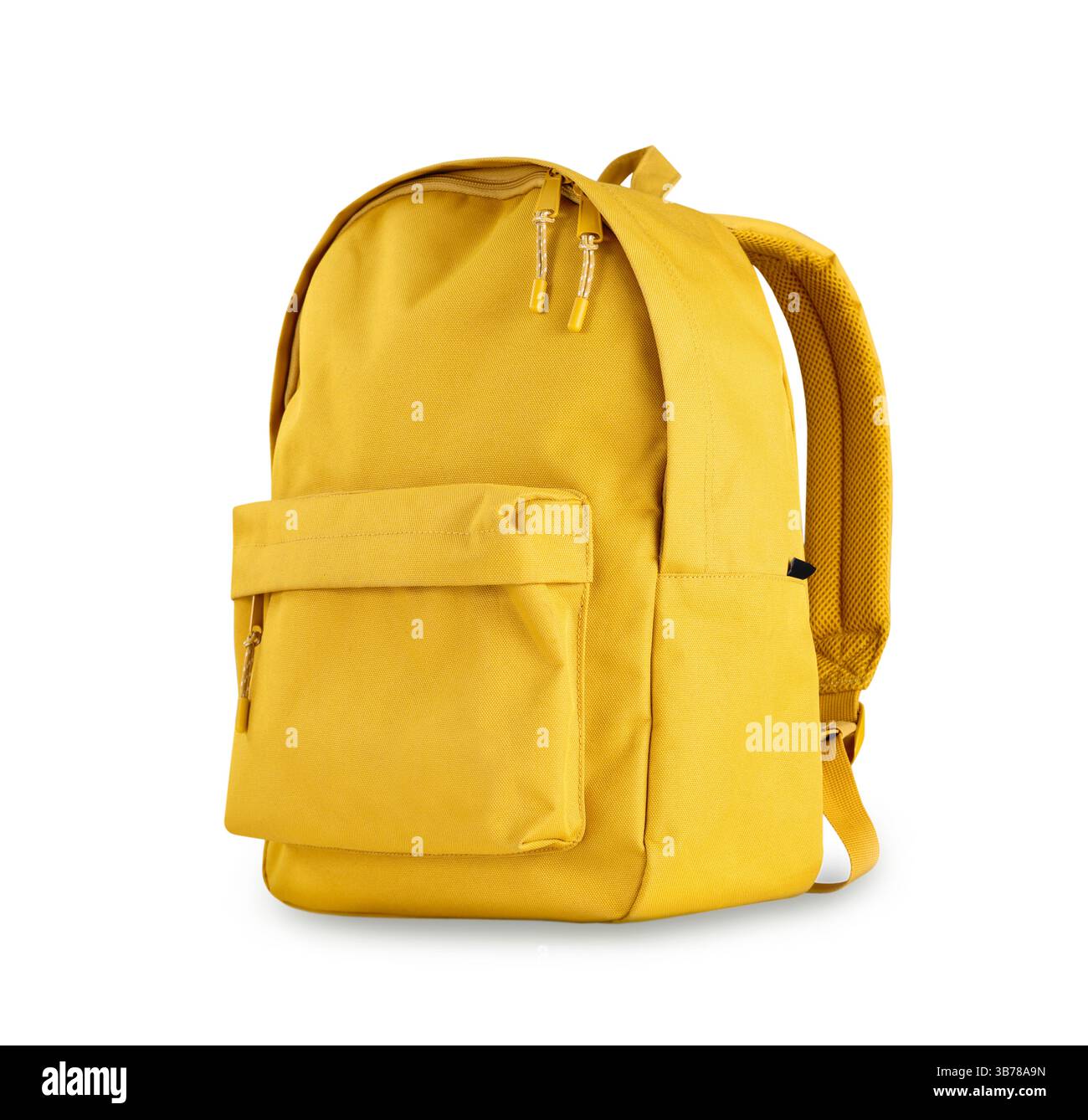 Single yellow backpack isolated with shadow on white background.Schoolbag,rucksack,knapsack. Stock Photo