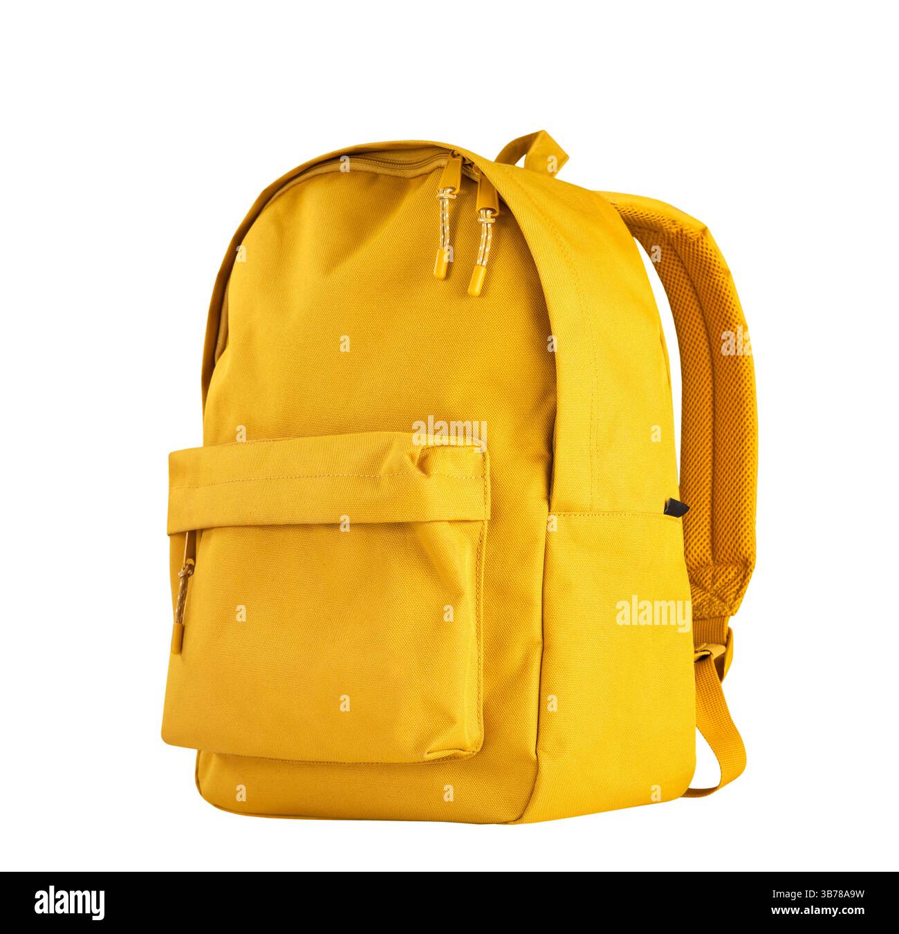 Single yellow backpack isolated  on white background.Schoolbag,rucksack,knapsack. Single object. Stock Photo