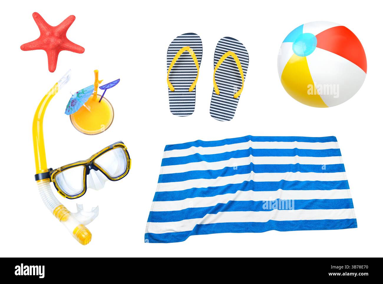 Summer objects collage,beach items set isolated. Holiday vocation symbol. Stock Photo