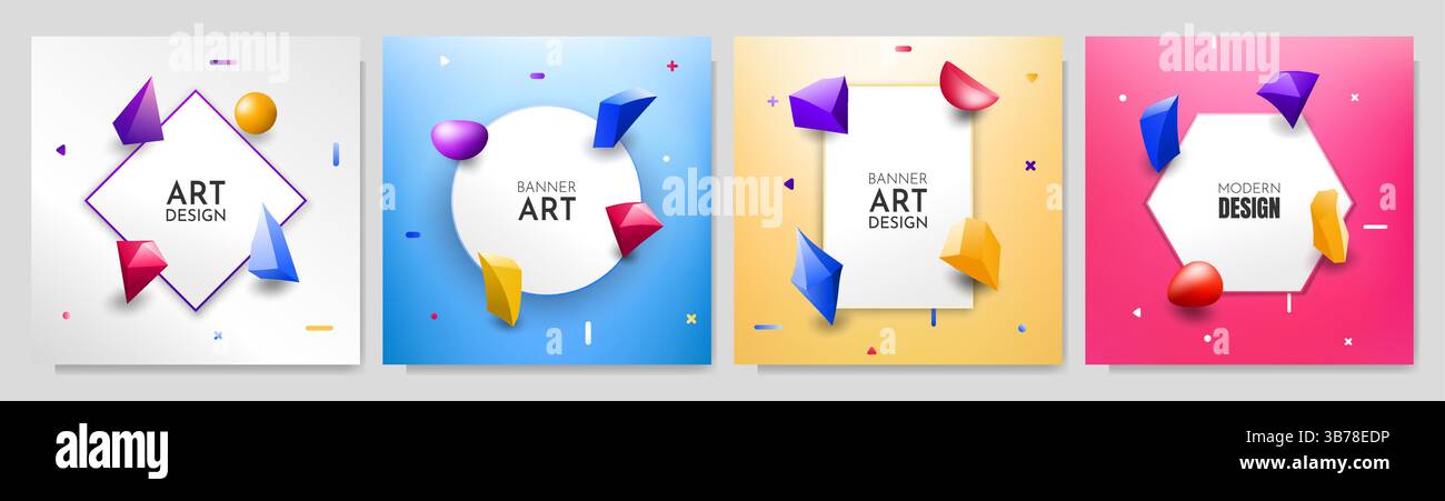 Vector illustration. 3d polygonal geometric twisted objects on white banners. Memphis pattern elements. Design for web banner, advertising Stock Vector