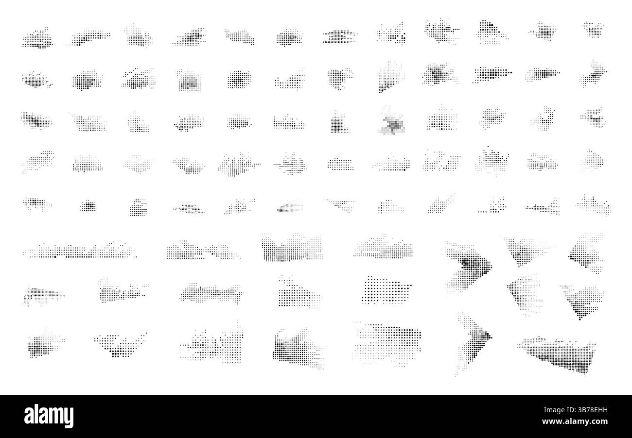 Vector set of 81 halftone dotted elements. Pop art style. Faded dots bundle isolated on white background. Collection of geometric shapes. Design Stock Vector