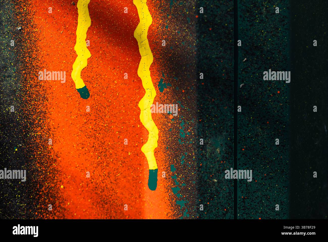 Vivid abstract artwork showcasing bright orange and yellow patterns against a dark textured backdrop, creating a striking visual effect. The interplay Stock Photo