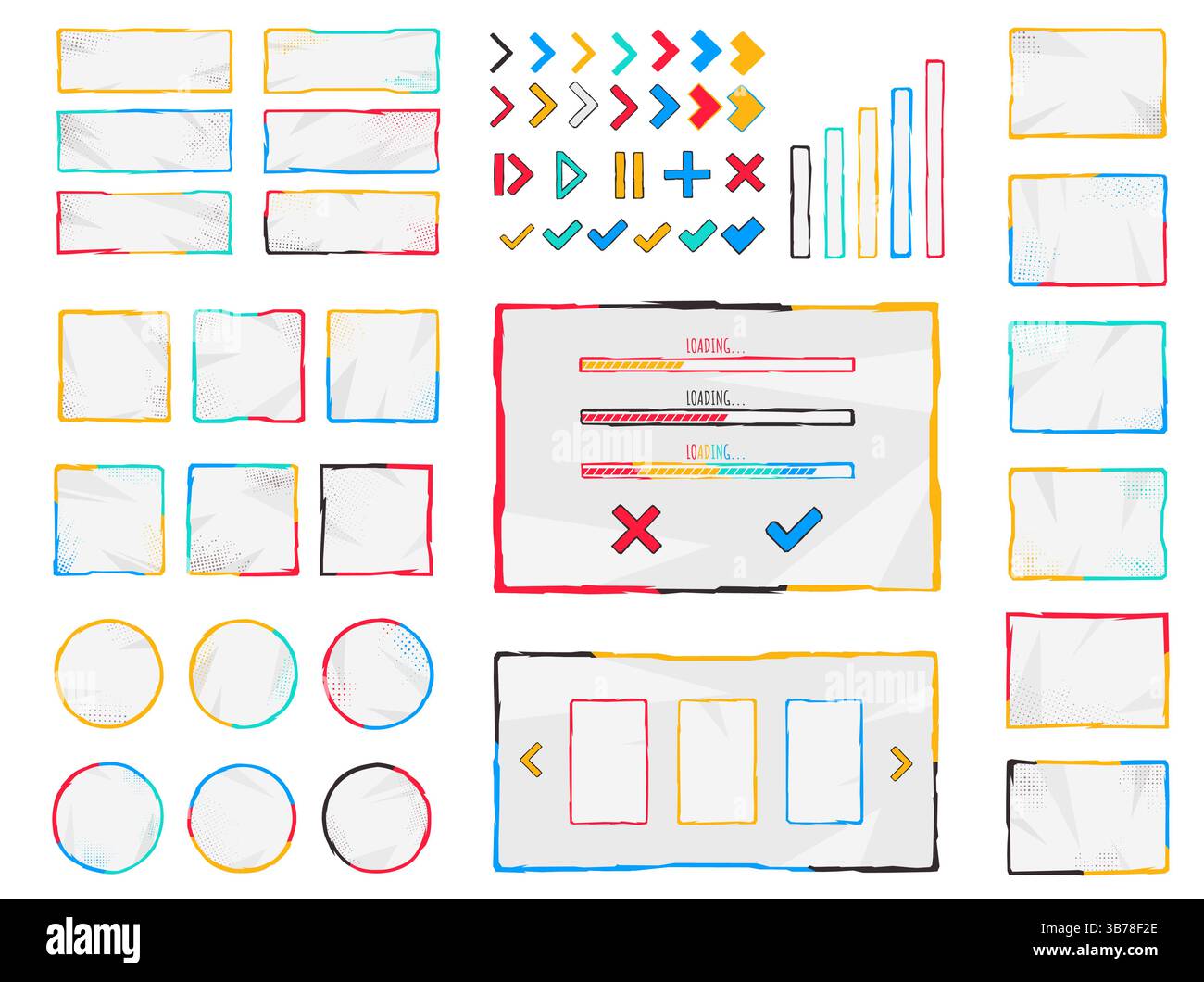 Vector illustration. Set of hand drawn polygonal buttons, screen and interface elements. Design for menu, home screen, video template. Childish Stock Vector