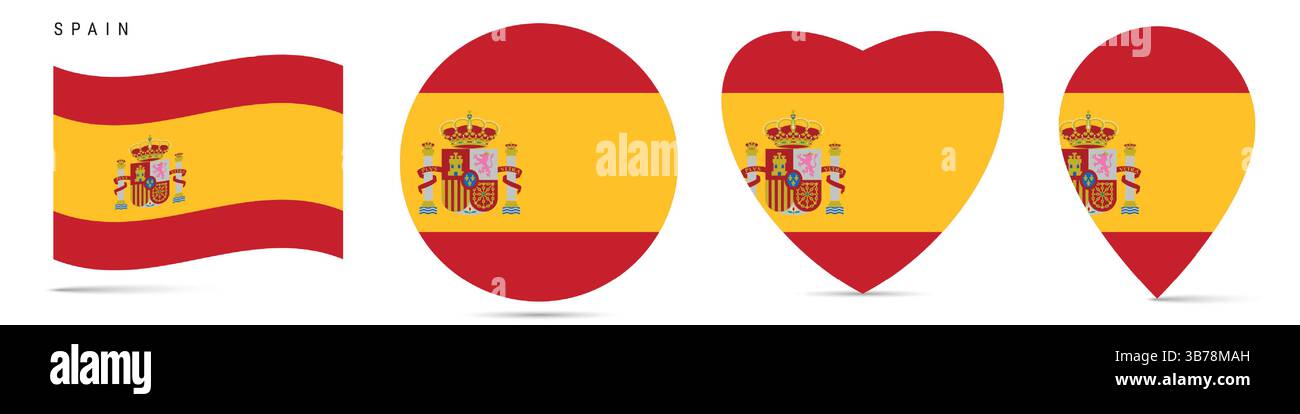 Spain waving flag, round circle sticker badge, heart shaped icon, map ...