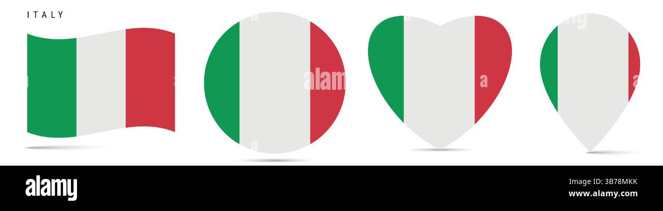 Italy waving flag, round circle sticker badge, heart shaped icon, map pin. Italian flag buttons of different shapes. Vector illustration isolated on w Stock Vector