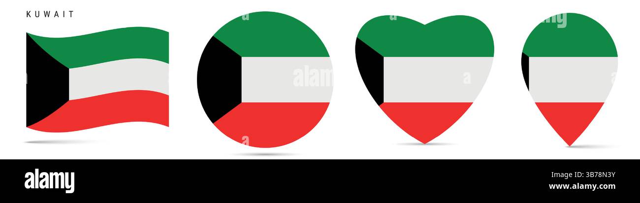Kuwait waving flag, round circle sticker badge, heart shaped icon, map ...