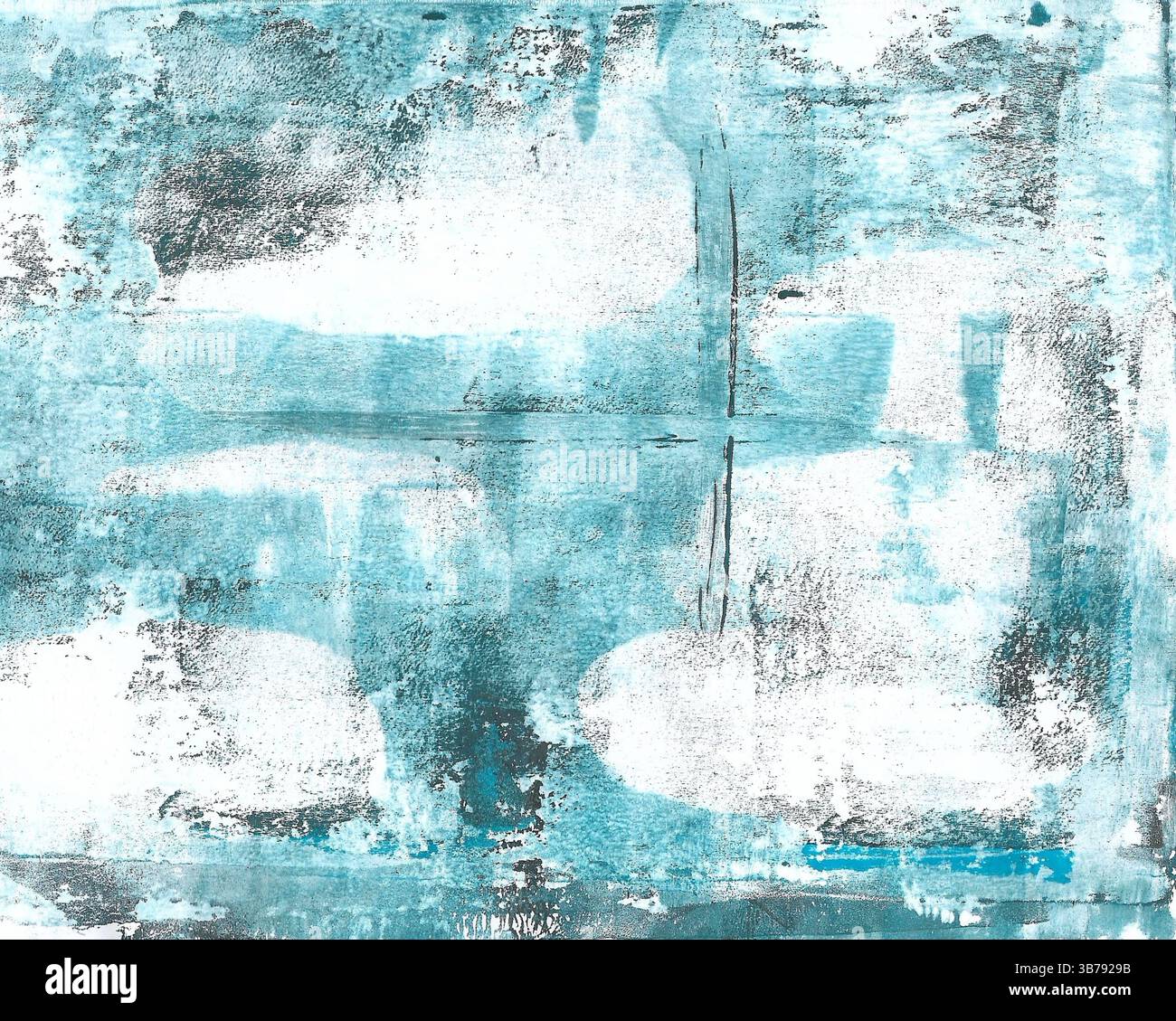 Texture in turquoise, white and grey, printed using the Gelli print process. Stock Photo