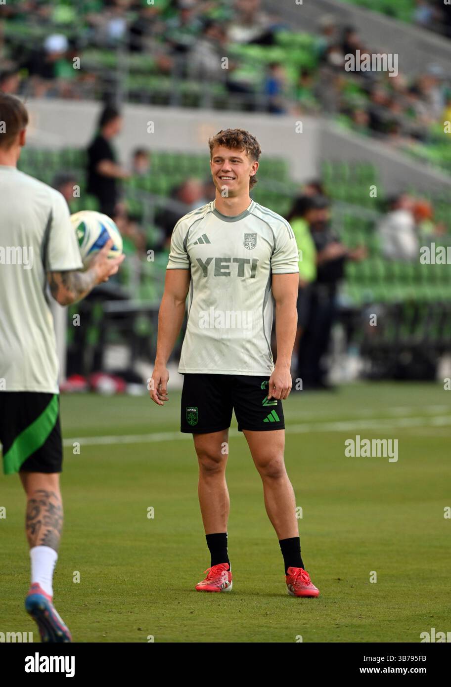 AUSTIN, TX - May 03: Austin FC defender Riley Thomas warms up prior to ...