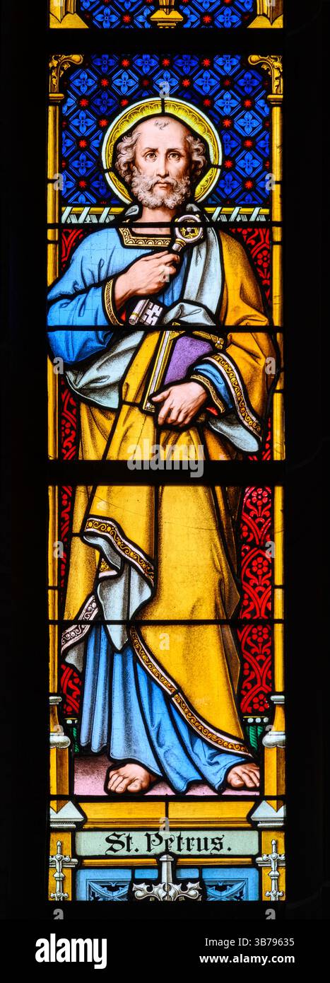 Saint Peter the Apostle. Artist: Franz Xaver Zettler. A stained-glass window in the Cathedral of St Elizabeth (Dóm svätej Alžbety). Stock Photo