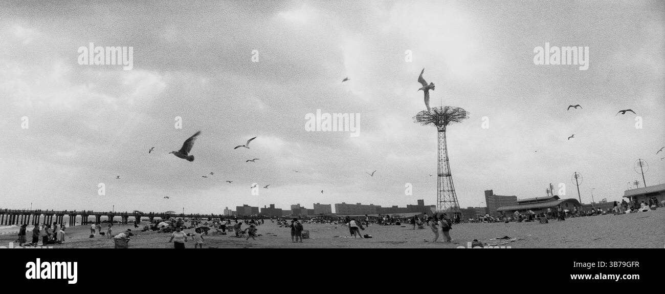 Panoramic view of tourists on the beach, Coney Island, Brooklyn, New York City, New York State, USA Stock Photo