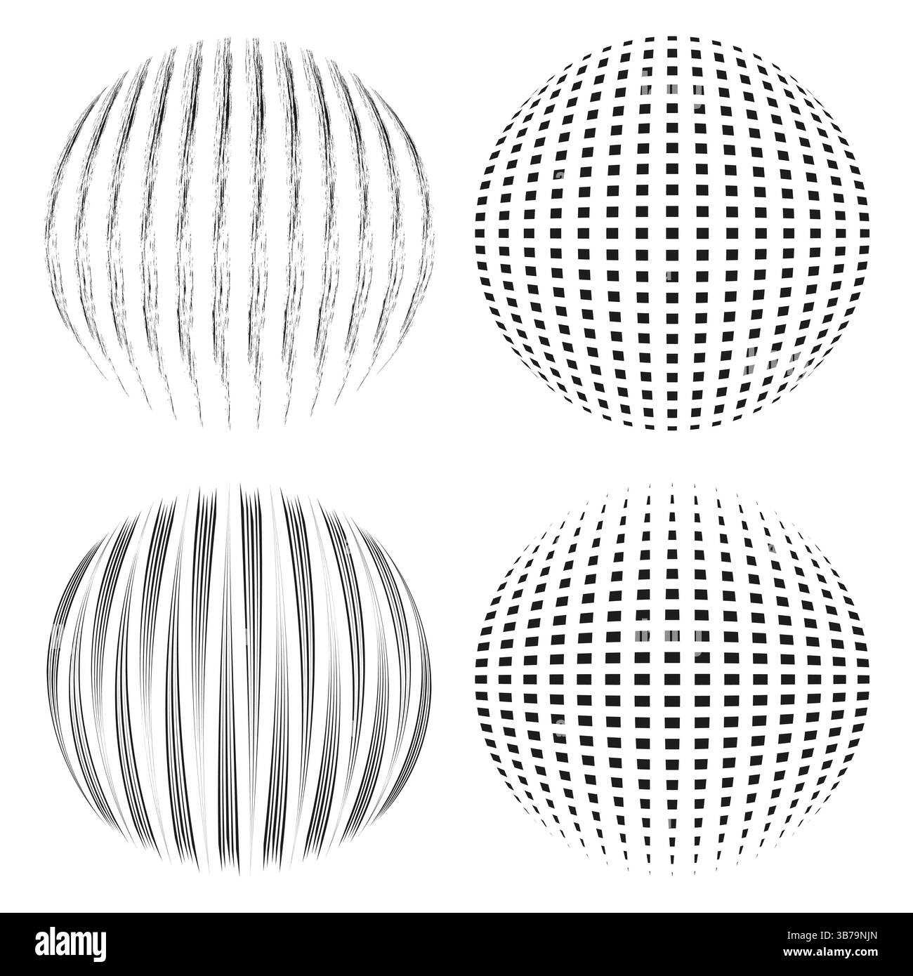 Distorted sphere icon. Geometric warping shape. Black line texture. Optical illusion effect. Stock Vector