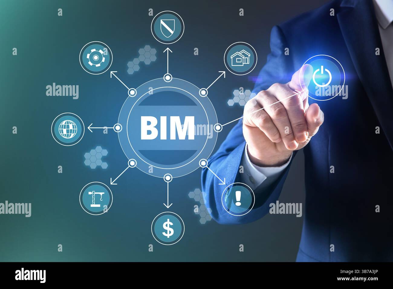 Building information modeling. Man using virtual screen with abbreviation BIM and different icons, closeup Stock Photo