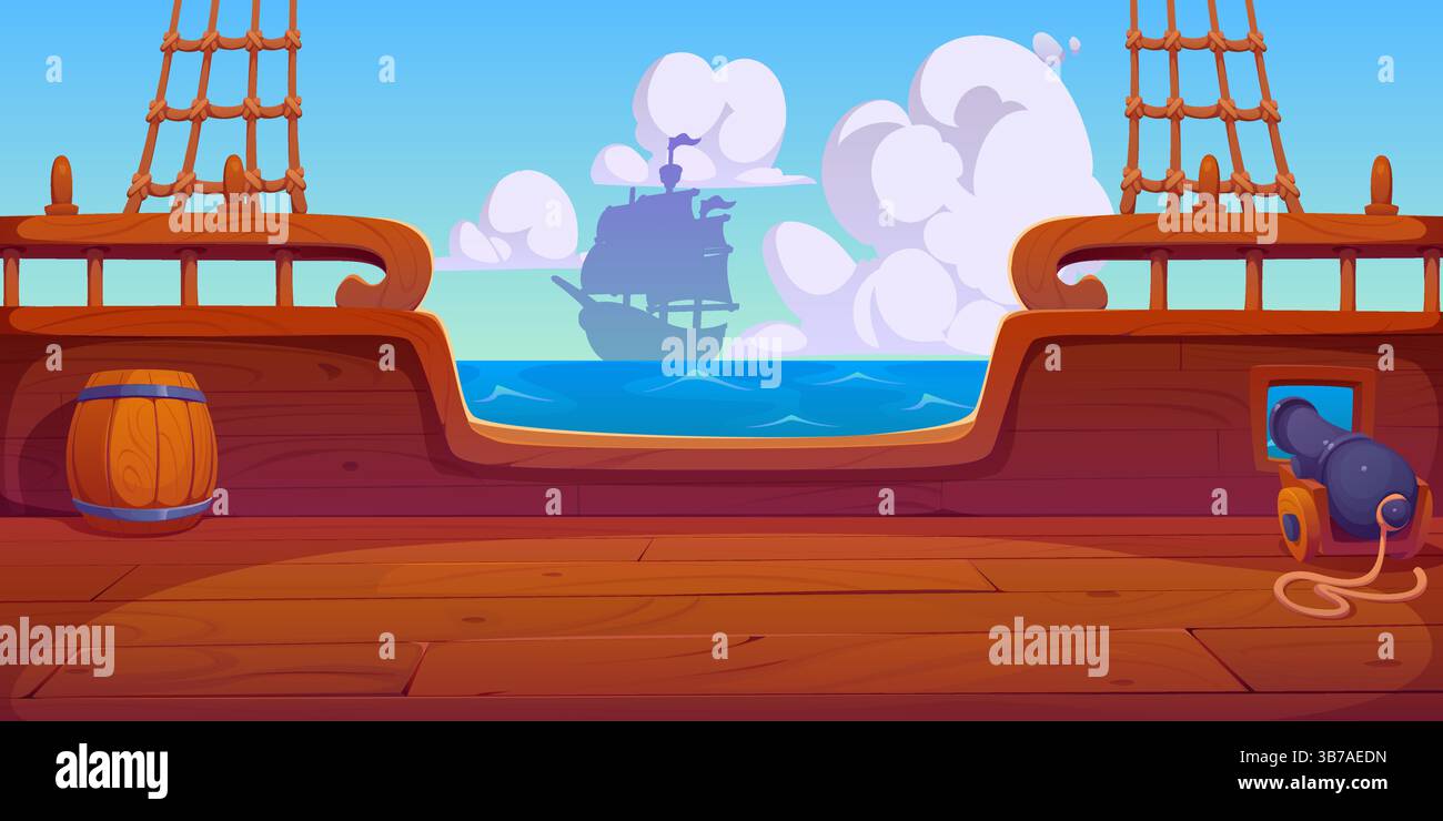 Pirate ship wooden deck game background with cannon, barrel and rope ...