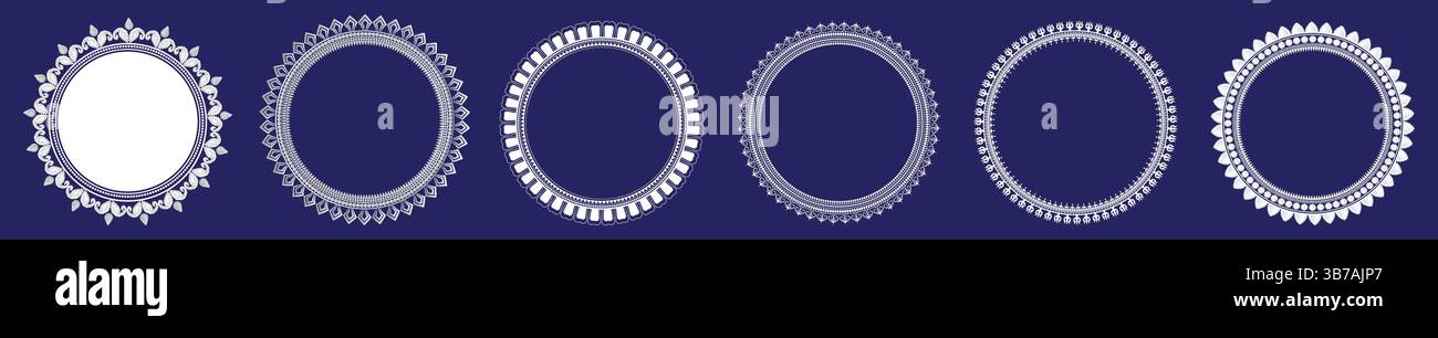 Set of Ornate Silver Circular Frames on a Blue Background Stock Vector