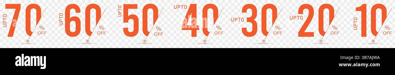 Orange discount percentage numbers from 70 to 10 for sales promotion Stock Vector