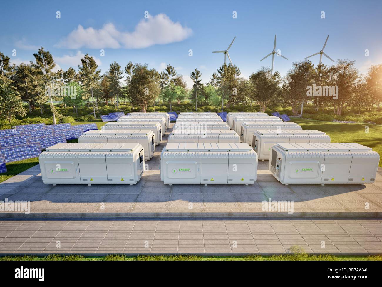 3d rendering group of energy storage systems or battery container units ...