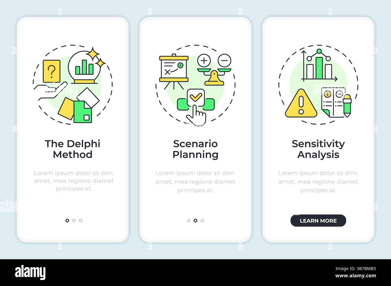 Workforce forecasting methods onboarding mobile app screen Stock Vector